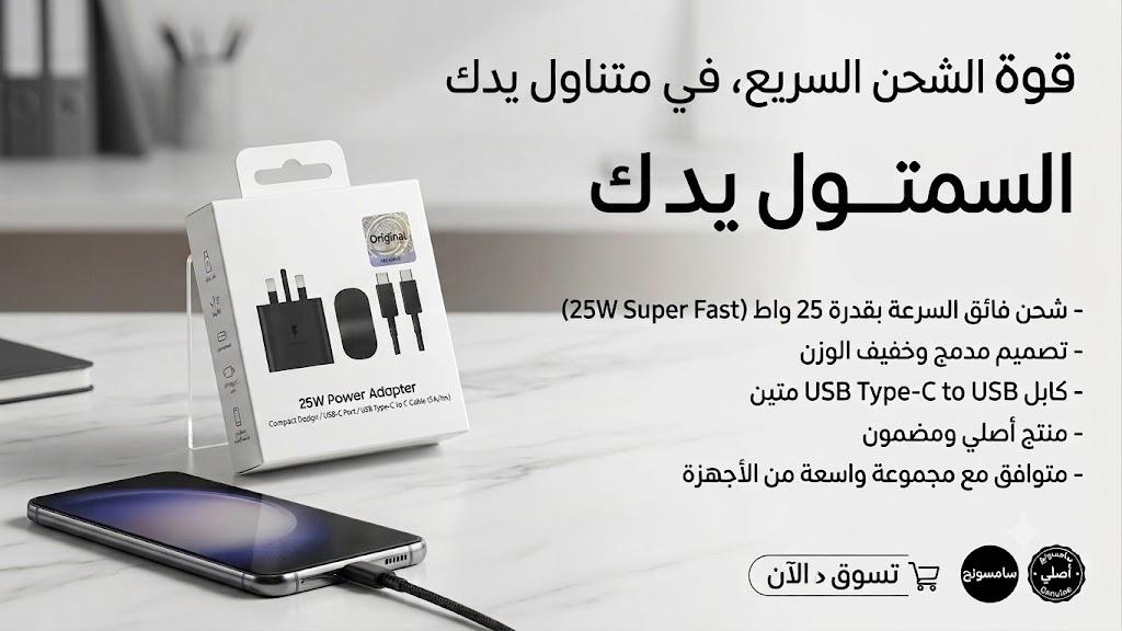إليك النص المكتوب على علبة الشاحن باللغة الإنجليزية بالتفصيل:  **25W Power Adapter** **Compact Design / USB-C Port / USB Type-C to C Cable (5A/1m)**
